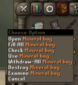 Mineral Bag right-click menu with Fill All option