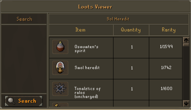 Sol Heredit loot viewer showing Tonalztics of Ralos uncharged drop