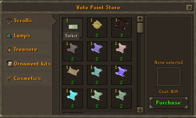 Vote Store category view with scroll rewards